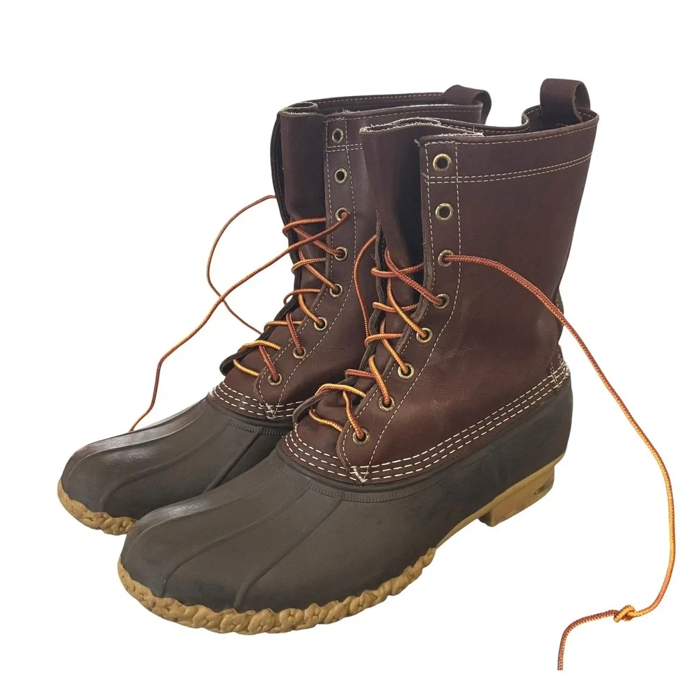LL Bean Duck Boots Mens 10 Brown Excellent Sheepskin Cushioned Footbed 8-Inch